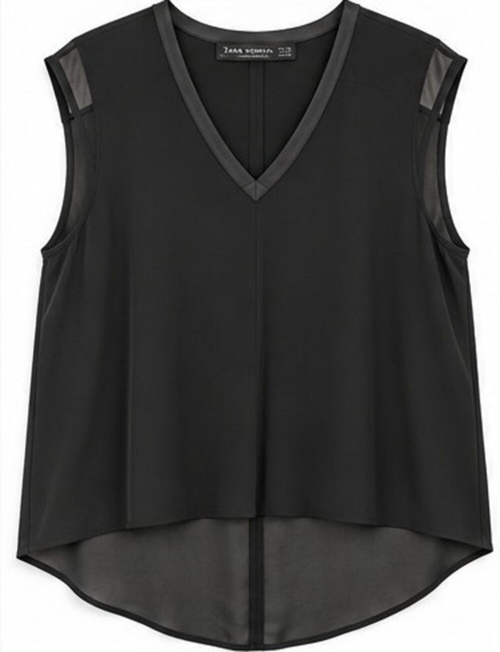 Zara Woman Black Sheer V Neck High Low Sleeveless Blouse Lined Size L